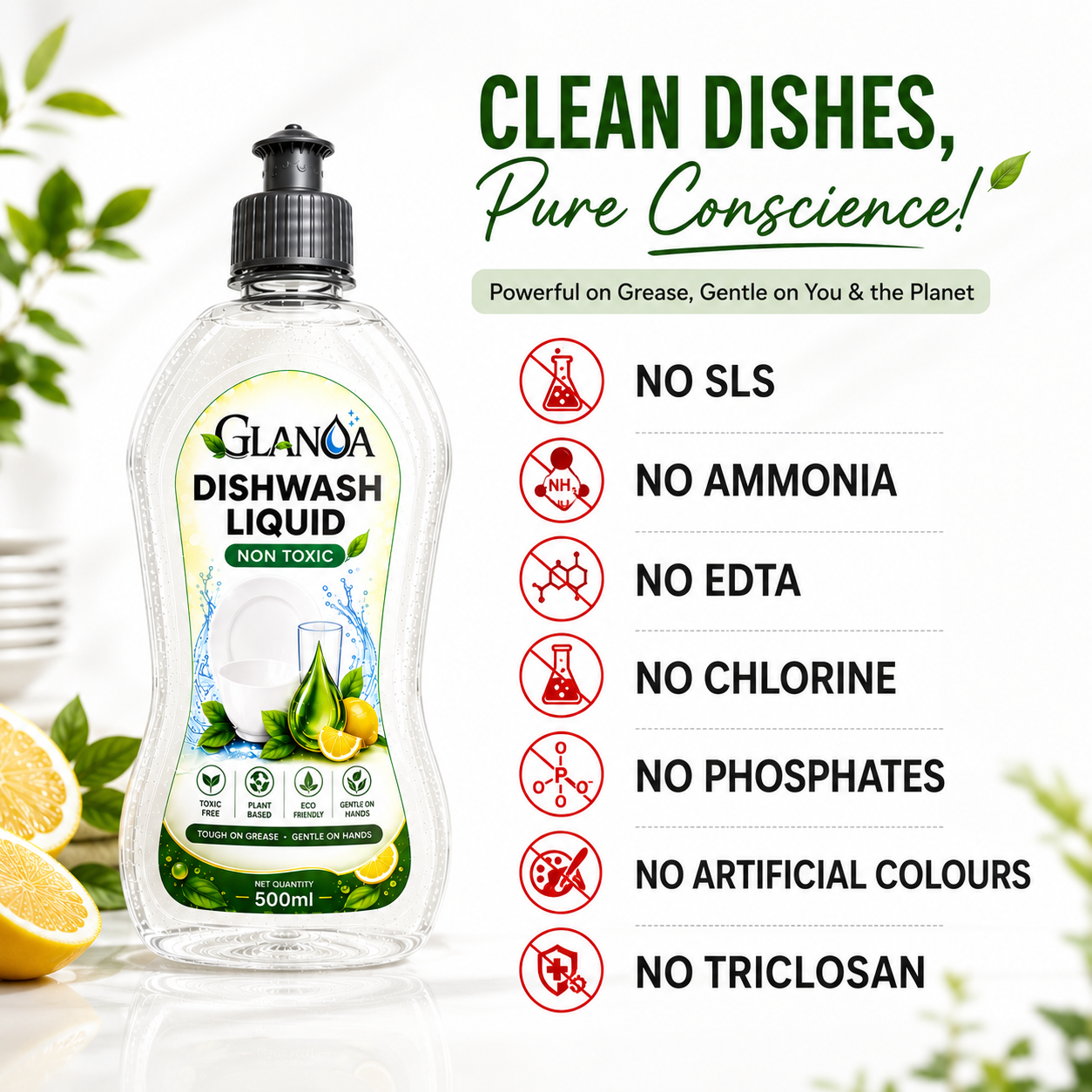 Glanoa Natural Dishwasher Liquid | Non Toxic & Eco Friendly | 500 ml | Powerful Grease Cutting Dishwasher Liquid | Kids & Pet Safe - Image 3