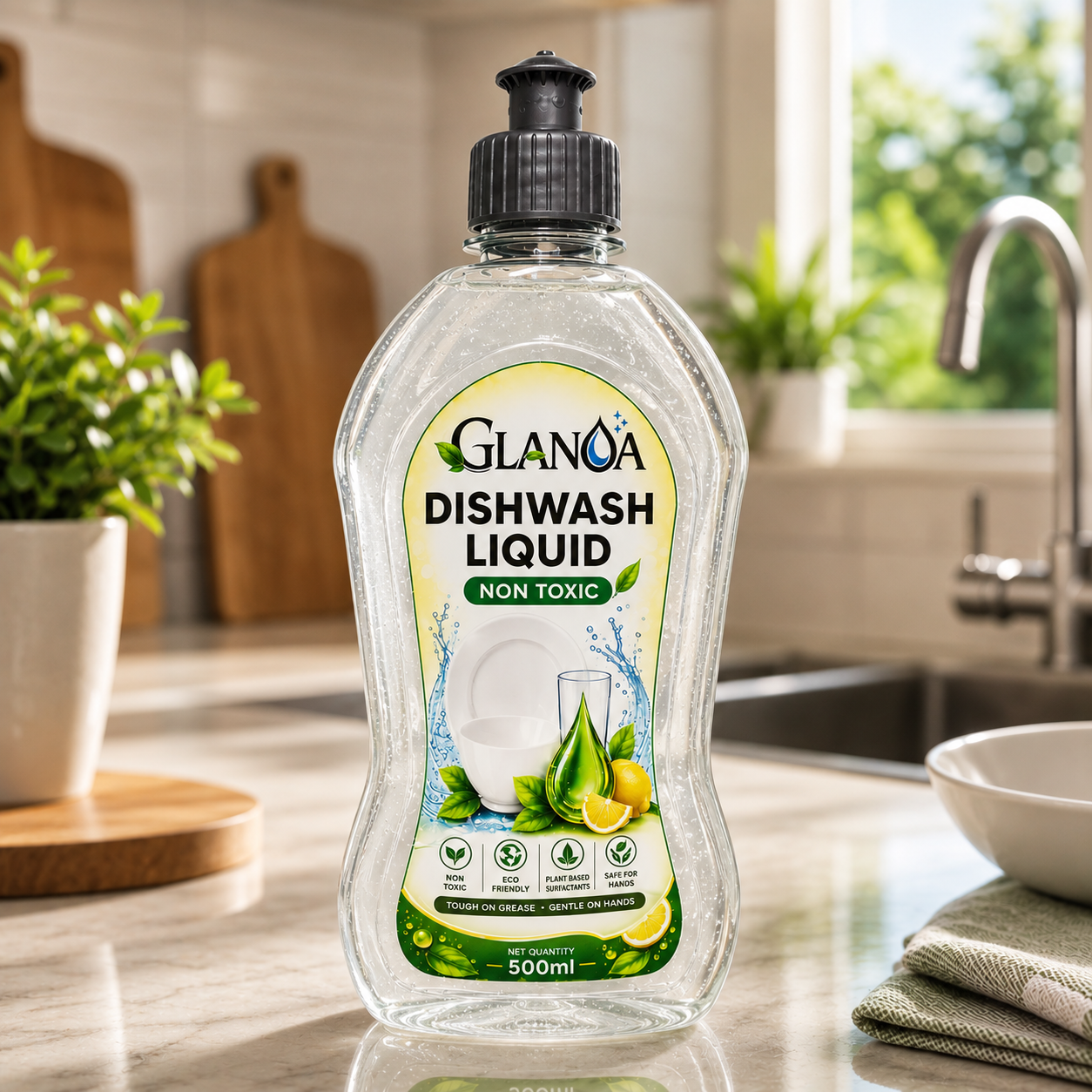 Glanoa Natural Dishwasher Liquid | Non Toxic & Eco Friendly | 500 ml | Powerful Grease Cutting Dishwasher Liquid | Kids & Pet Safe
