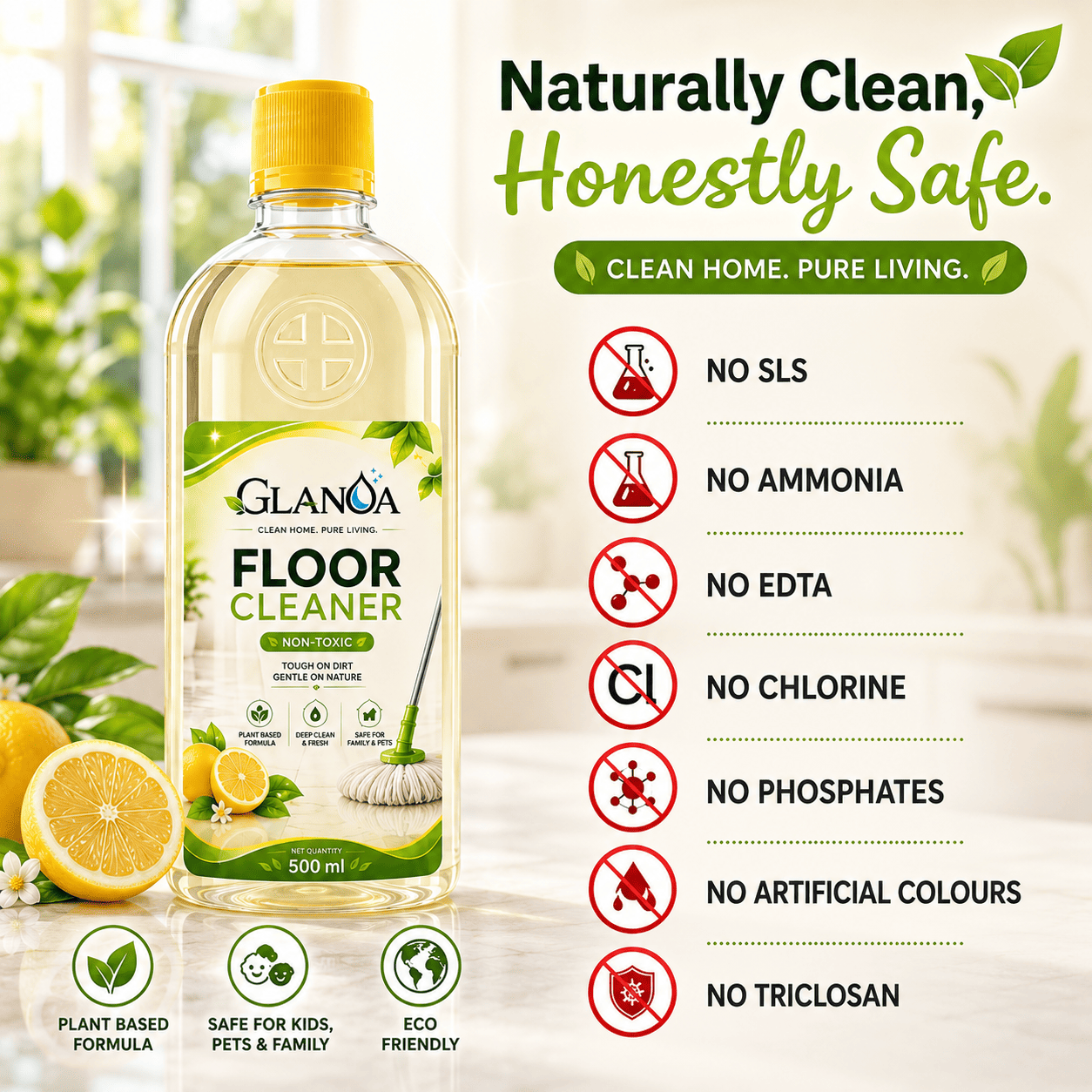 Glanoa Non Toxic Surface & Floor Cleaning Liquid | 500 ml | Eco Friendly & Natural Floor Cleaner | Kids Safe & Pet Friendly - Image 3