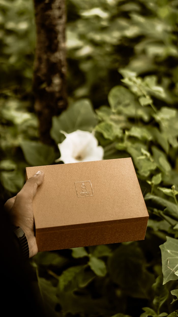 Brown craft box held by hand amidst lush green foliage in a serene garden setting.